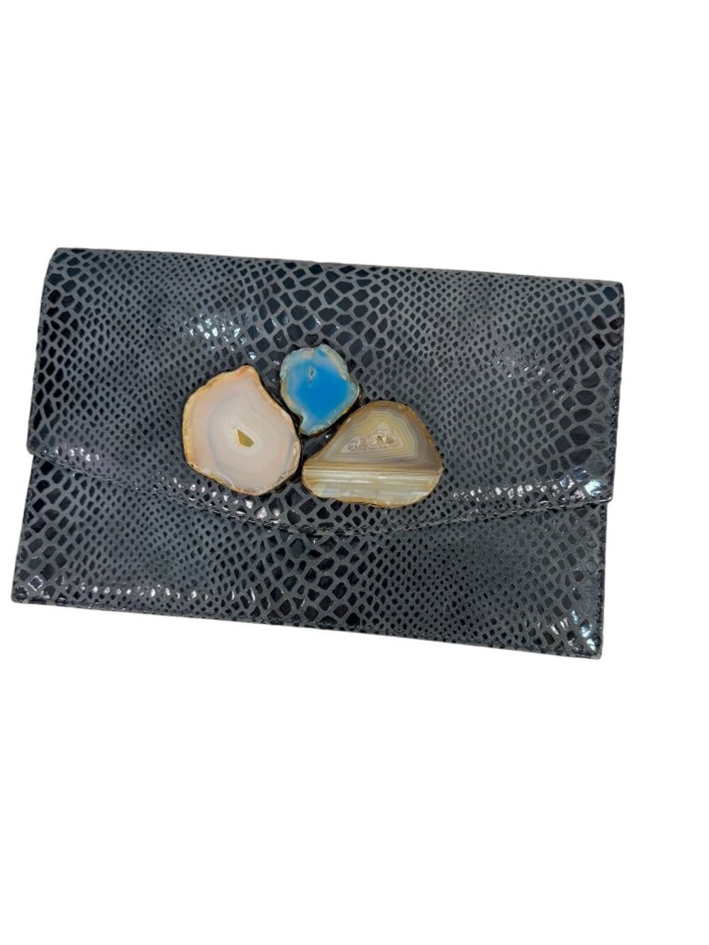 Lindsay Perry Faux Leather Gray Snakeskin Embossed Clutch with Real Agates - Picture 6 of 9